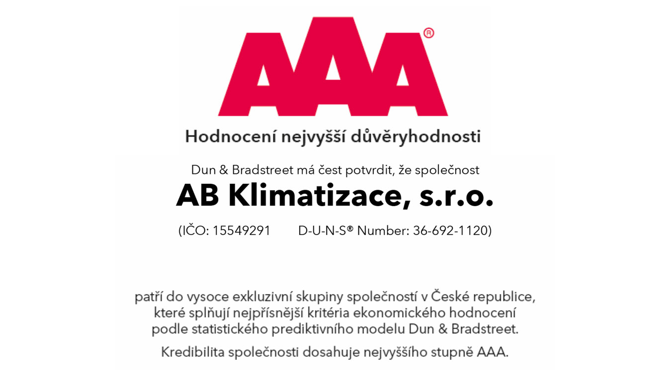 Certifikát nejvyšší důvěryhodnosti AAA pro společnost AB Klimatizace od Dun & Bradstreet