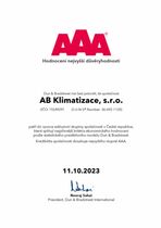 Certifikát největší důvěryhodnosti firmy AB Klimatizace AAA | Certifikáty